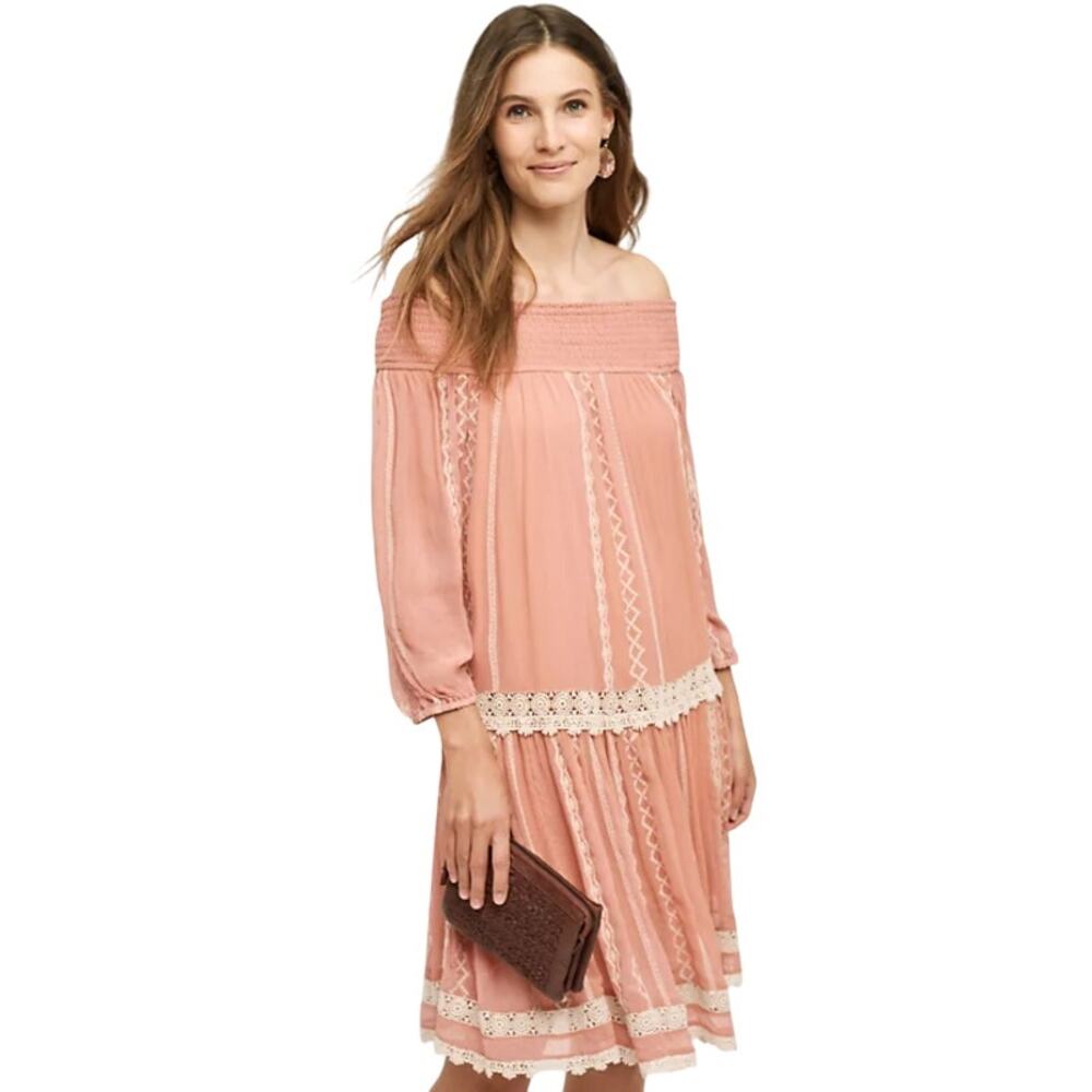Anthropologie Floreat Orchard Lace Dress Medium Peach Off The Shoulder Party NWT